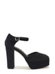 Black velvet platform shoe with buckle closure