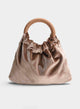 Borsa da festa taupe in velluto con manico arricciato.