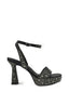 High-heeled sandal with black rhinestones and buckle closure