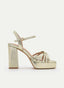 METALLIC GOLD WIDE HEEL SANDAL WITH PLATFORM AND THIN STRAPS