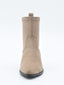 Women's ankle boot in taupe suede effect, mid-cut, with a fine toe and low black square heel.