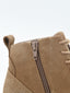 Women's ankle boot in mocha suede leather, with matching laces, textured detail on the heel and light beige rubber sole.