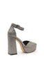 Platform sandal with high heel and rhinestones in lead color