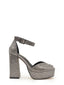 Platform sandal with high heel and rhinestones in lead color