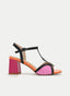 SANDALIA NEGRA MULTICOLOR DE TACÓN ROSA CON TIRA T