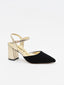 Scarpa di Velluto Nero con Tacco Dorato e cinturino.